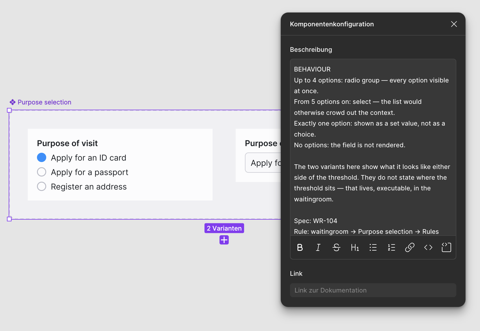 Figma with the Purpose selection component on the canvas and the component configuration panel open beside it, the behaviour typed into the description field.